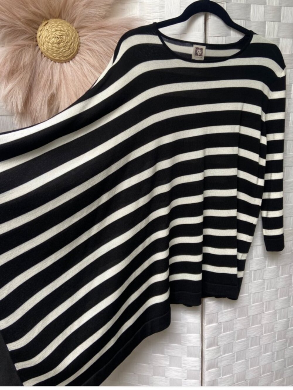 Anne Klein Asymmetrical Black & Off White Striped Poncho Knit Sweater Size M